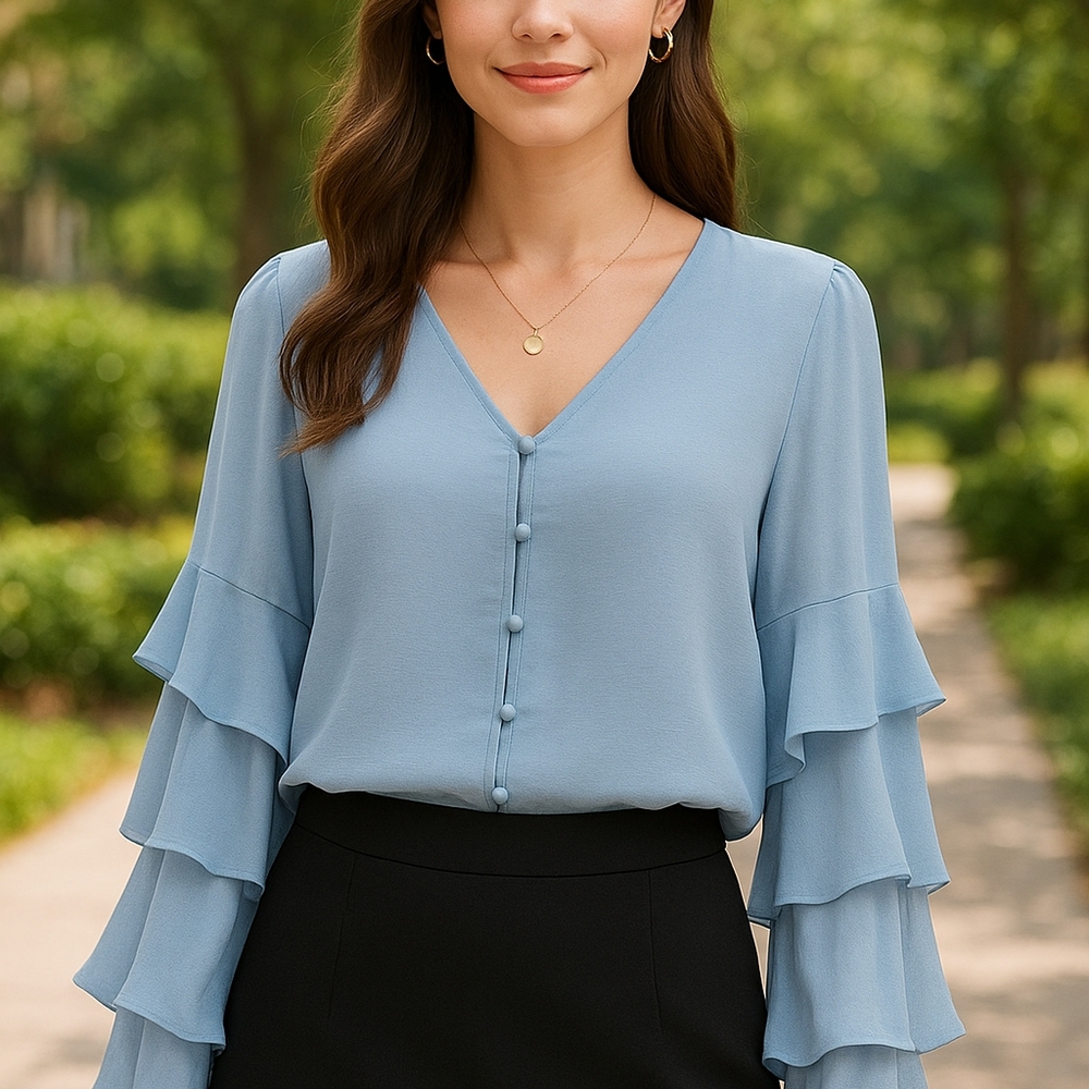 Vince Camuto Elegant Blue Ruffle‎ Sleeve Top Sz S